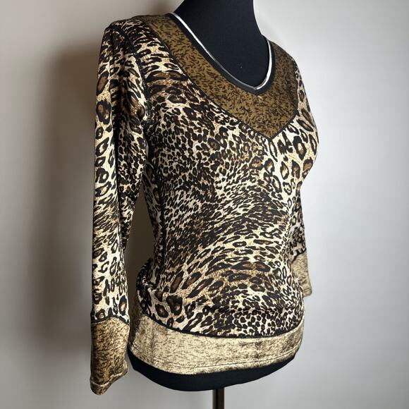 Vintage Y2K 90s Top XS Thermal Leopard Print V Neck Long Sleeve Cyber Grunge - Picture 4 of 9